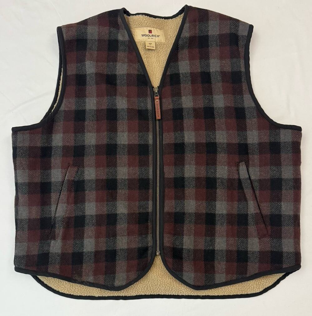 Woolrich Men’s XL Wool Plaid Sherpa Lined Vest Bark Buffalo Heritage Outdoor